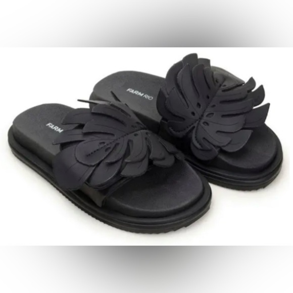 Farm Rio Monstera Anatomic Black Slides Sandals Size 8 Retail $145 Tropical - Picture 1 of 15